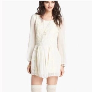 Free People Leigh Ivory Chiffon Lace Bohemian Dress Long Sleeve Sz S